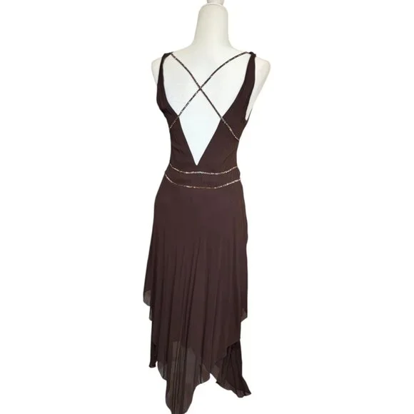 Y2K BCBGMAXAZRIA Brown Asymmetrical Fairy Dress Breaded, Size 4, 100% Silk - Picture 5 of 11